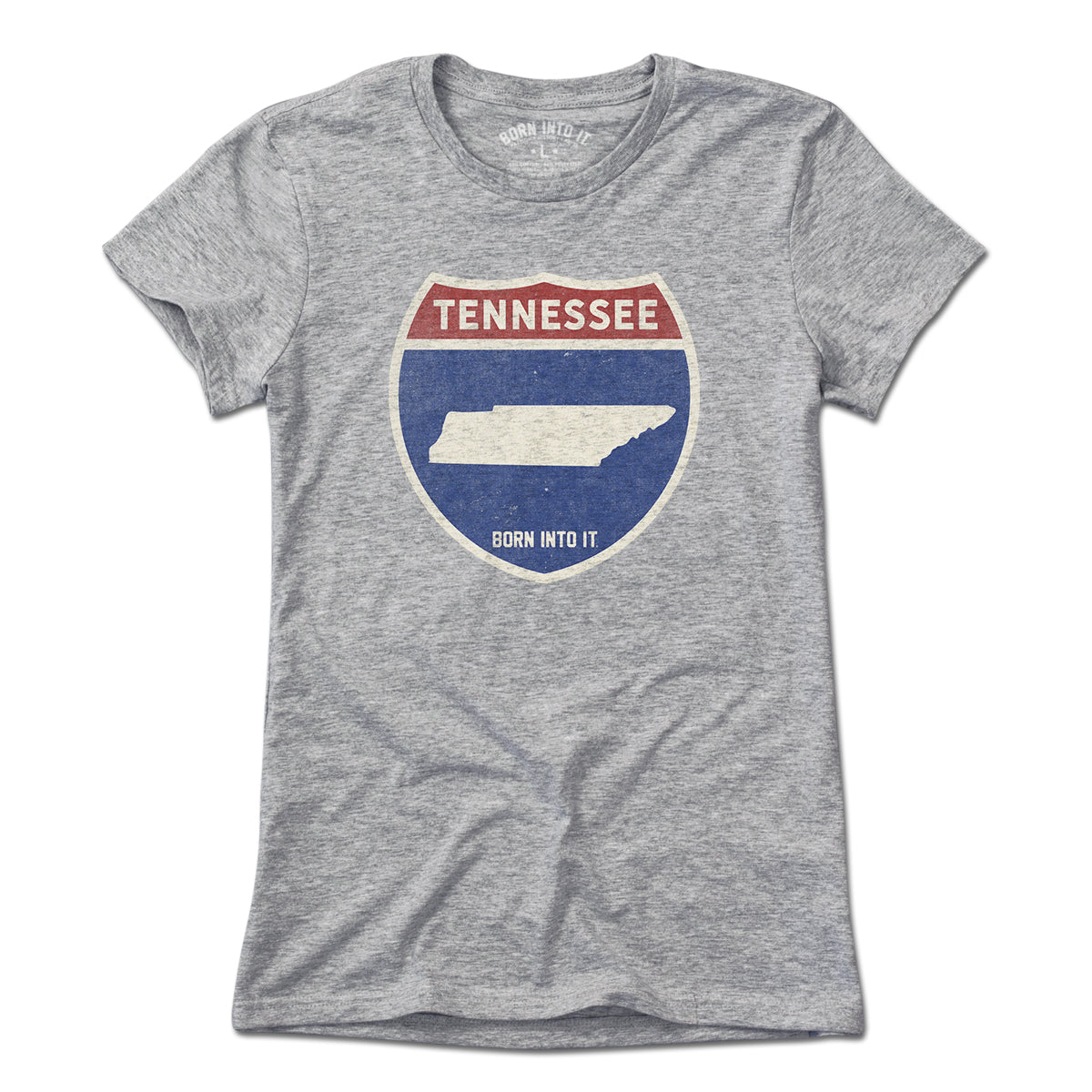 Born Into It Tennessee Interstate Sign T-Shirt in gray, featuring a detailed highway sign graphic on the front.