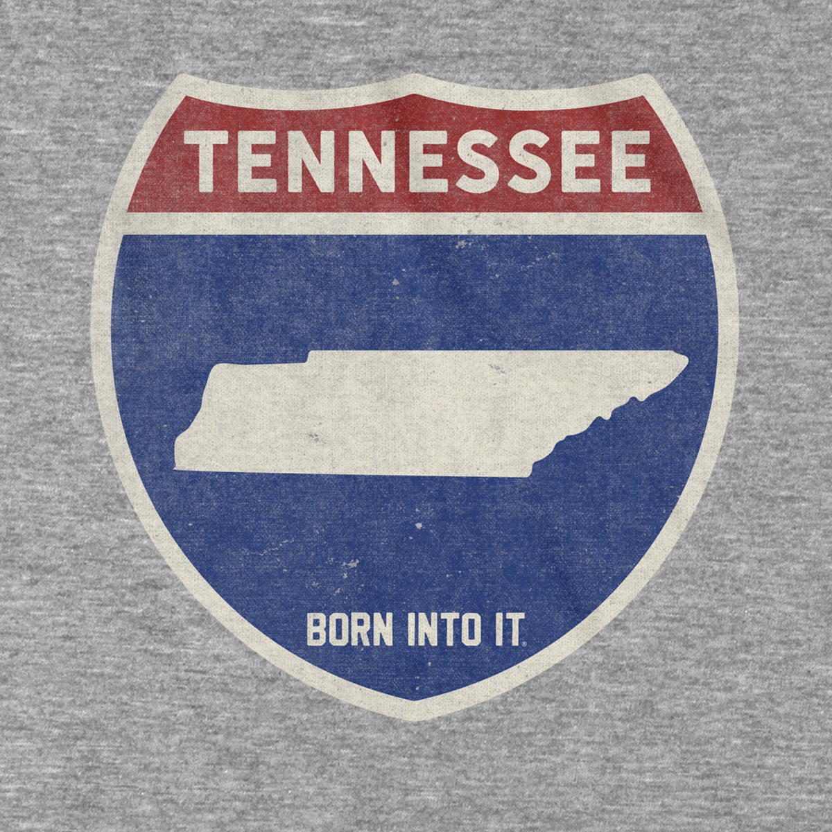 Born Into It Tennessee Interstate Sign T-Shirt in gray, featuring a highway sign graphic on the front.
