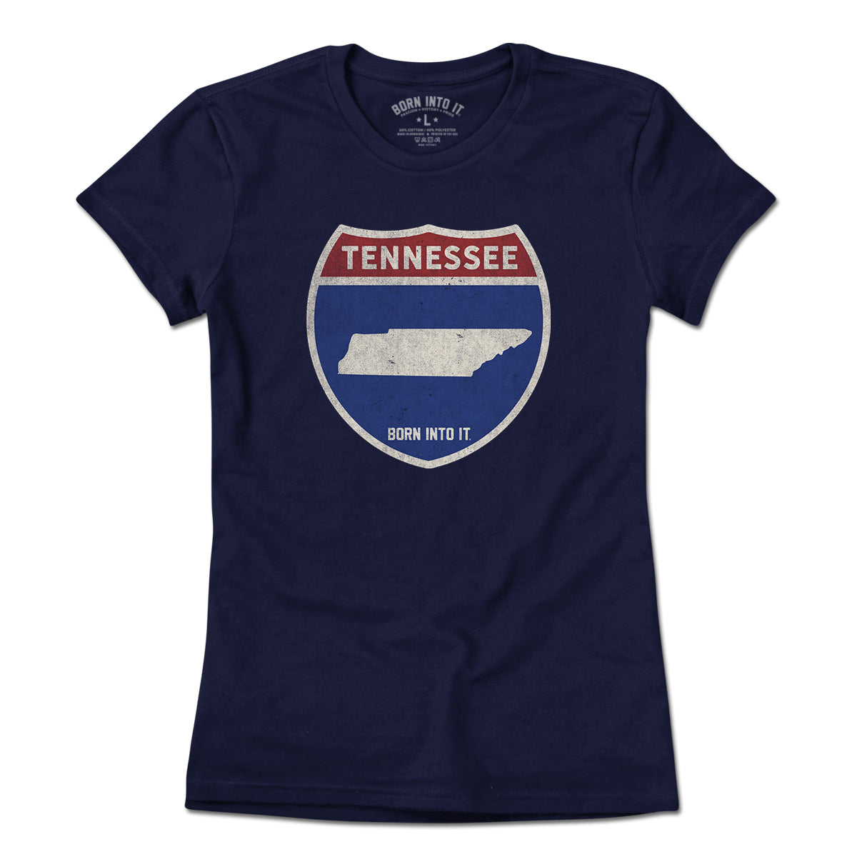Born Into It Tennessee Interstate Sign T-Shirt showing a graphic of interstate signs on a casual cotton tee.