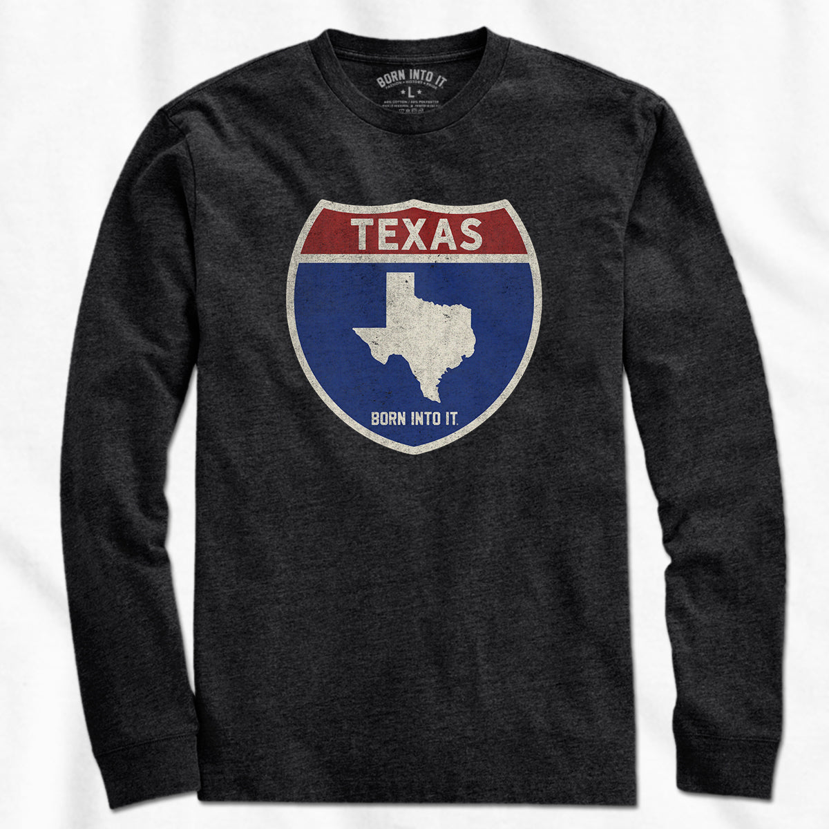 Born Into It Texas Interstate Sign T-Shirt featuring a graphic of Texas highway signs on soft cotton fabric.