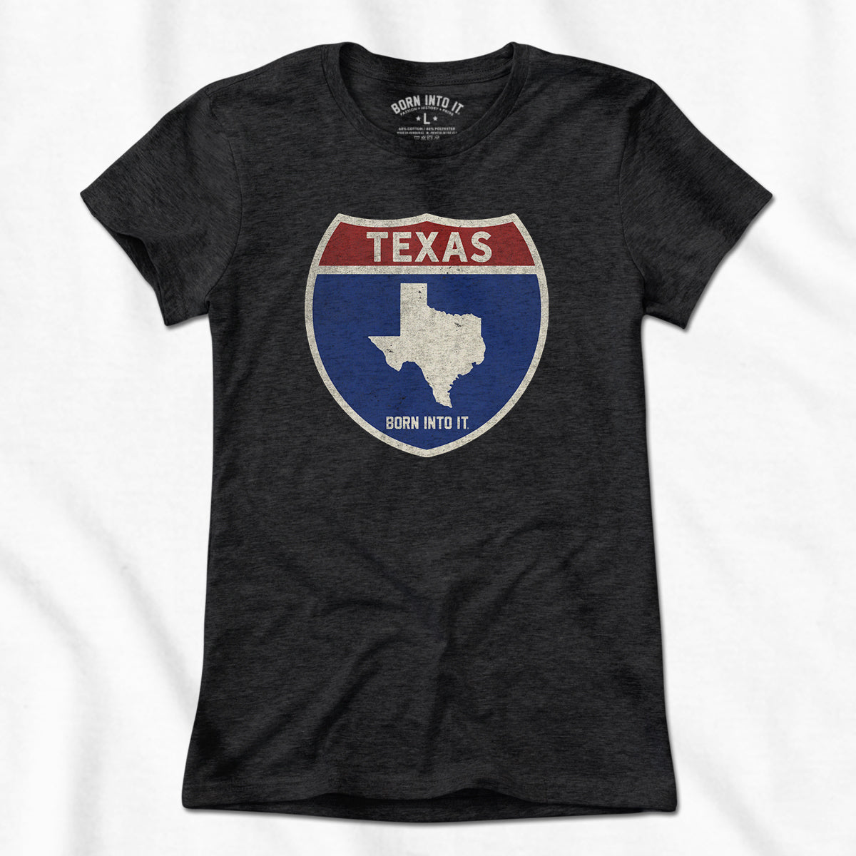 Light blue Texas Interstate Sign T-Shirt by Born Into It featuring a Texas map and interstate route design.
