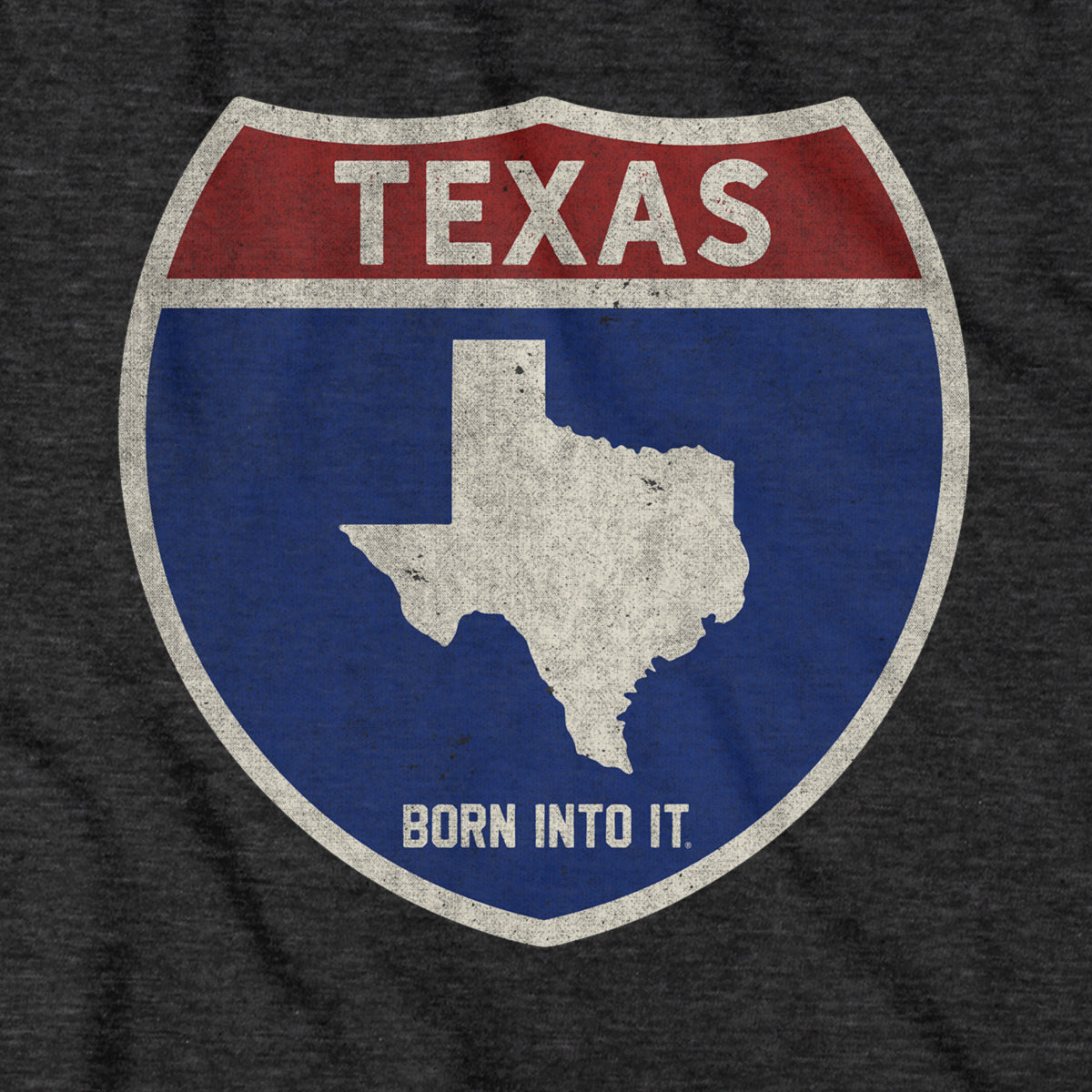 Born Into It Texas Interstate Sign T-Shirt featuring a graphic of a Texas highway sign on a casual T-shirt.