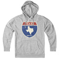 Born Into It Texas Interstate Sign sweatshirt in gray, featuring a detailed Texas highway sign graphic on the front.