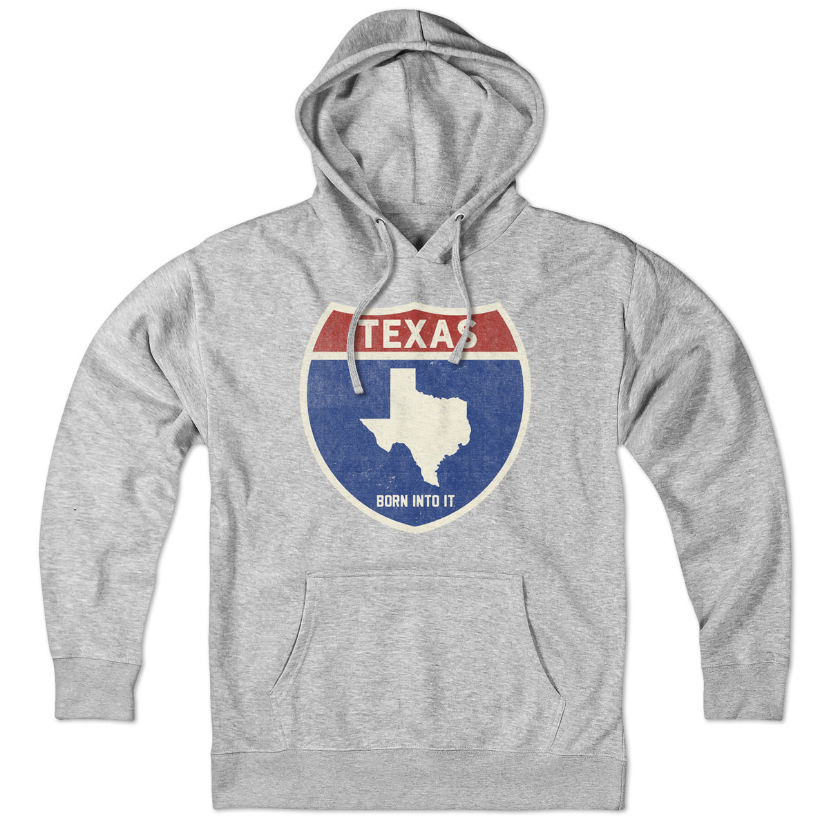 Born Into It Texas Interstate Sign sweatshirt in gray, featuring a detailed Texas highway sign graphic on the front.