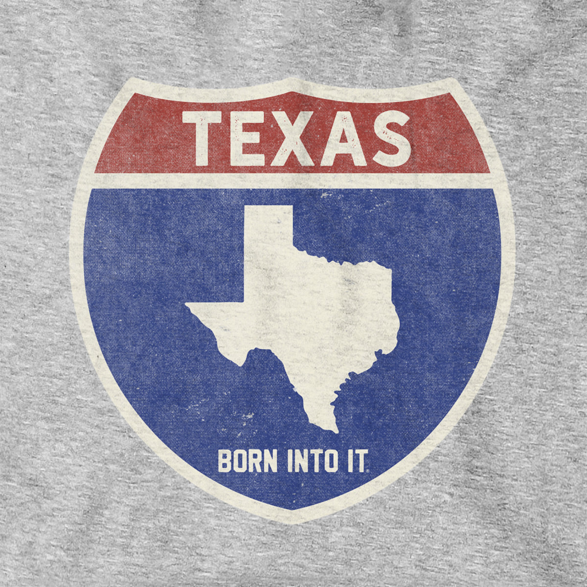 Born Into It Texas Interstate Sign hoodie, gray sweatshirt with interstate highway graphic, casual and comfortable streetwear.