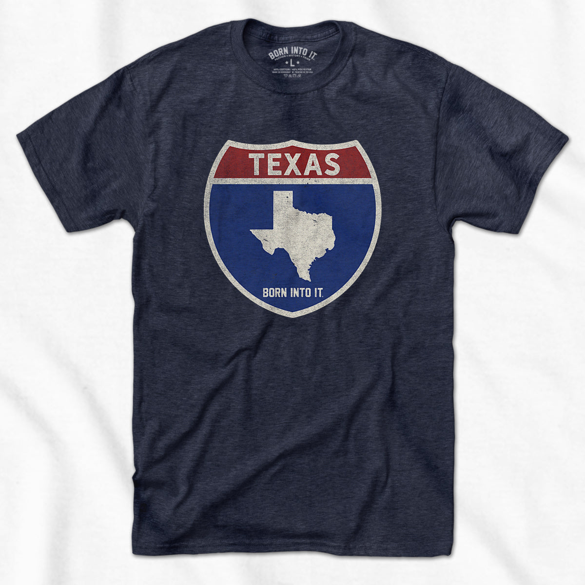 Born Into It Texas Interstate Sign T-Shirt featuring a graphic of a highway sign on a comfortable cotton tee.