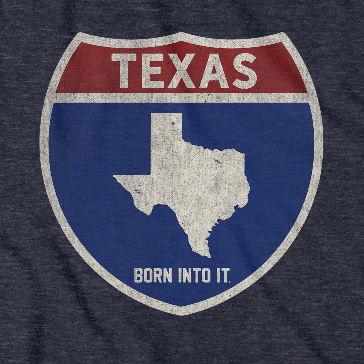 Born Into It Texas Interstate Sign T-Shirt featuring a highway sign design on a casual T-shirt.