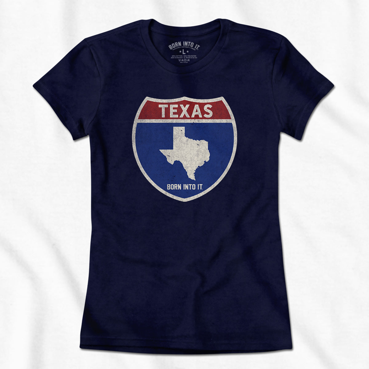 Born Into It Texas Interstate Sign T-Shirt featuring a graphic of the Texas-New York interstate route on a casual t-shirt.
