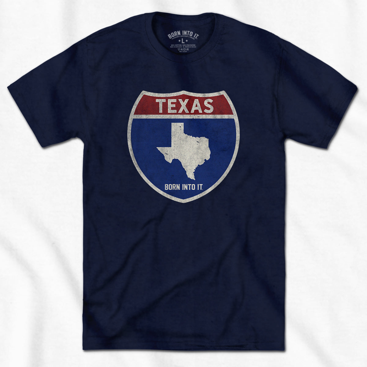 Born Into It Texas Interstate Sign T-Shirt featuring a colorful map of Texas, New York, and Utah on a casual graphic tee.
