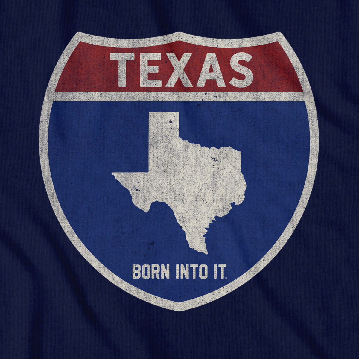 Born Into It Texas Interstate Sign T-Shirt featuring a graphic of Texas and New York interstate signs on a casual tee.