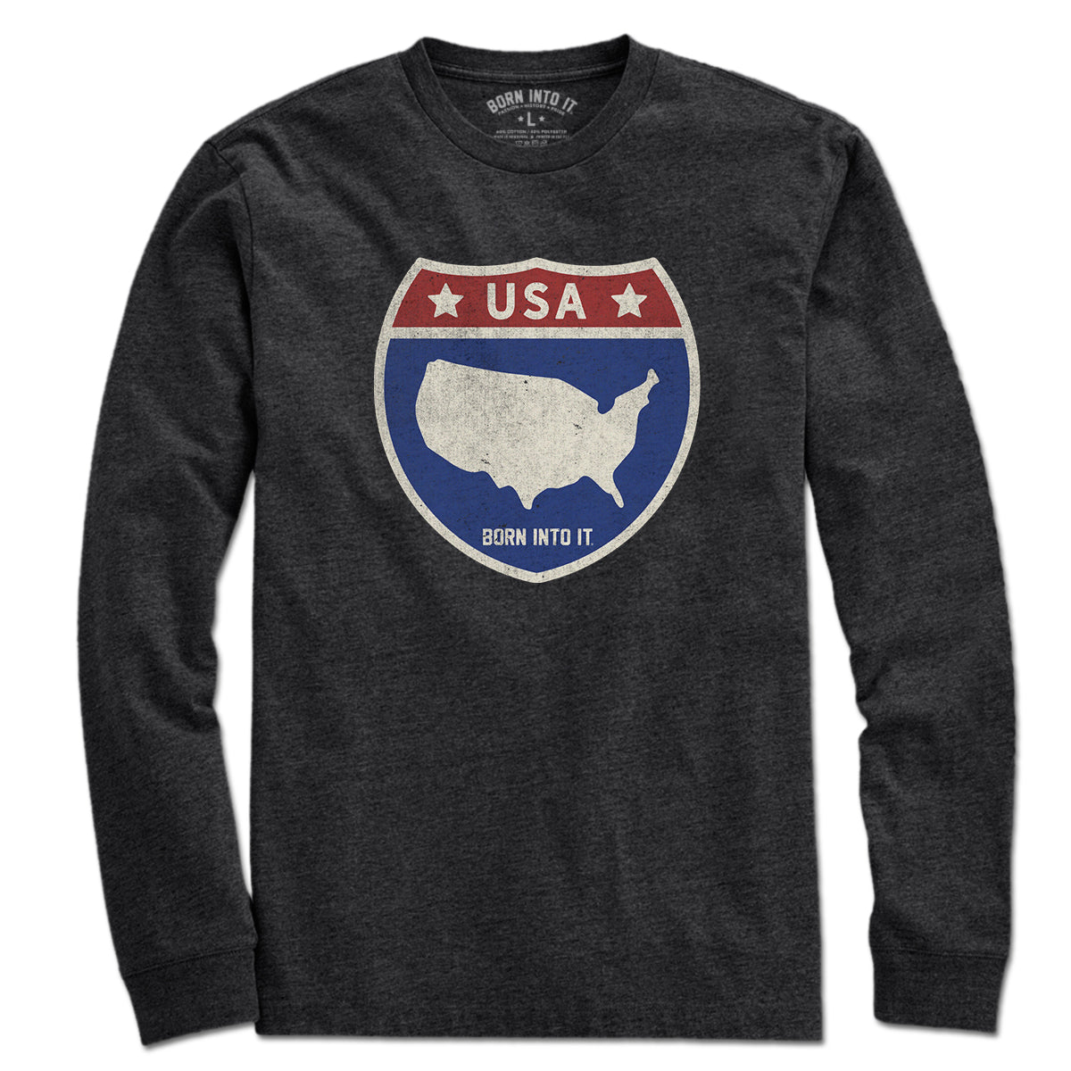 Born Into It USA Interstate Sign T-Shirt featuring a graphic of a highway interstate sign on a casual T-shirt.