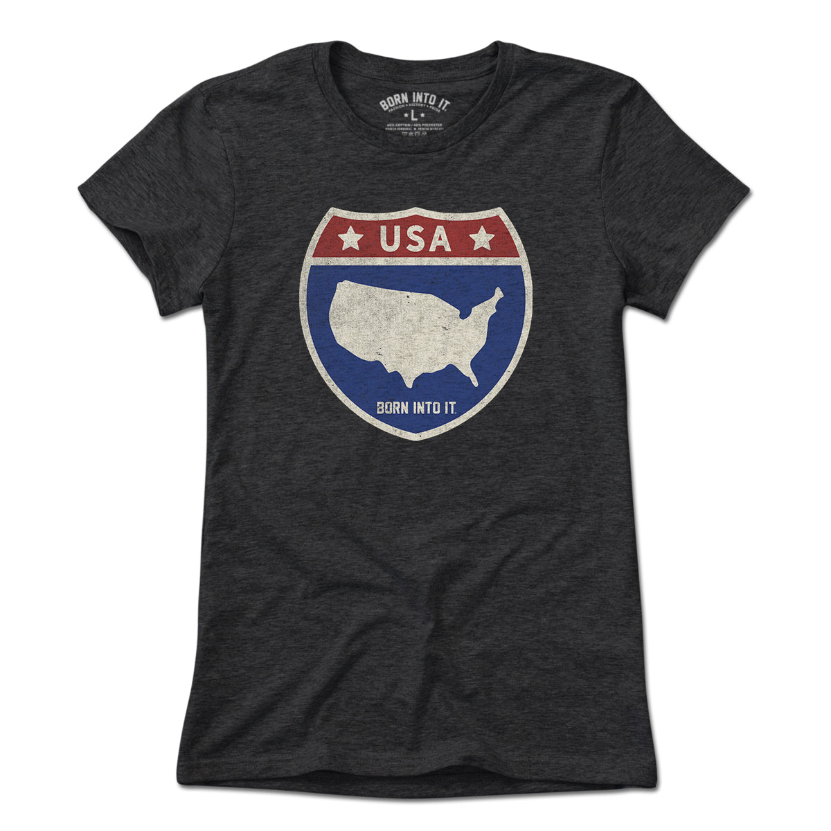 Light blue Born Into It USA Interstate Sign T-Shirt featuring a highway sign graphic on the front.