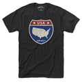 Born Into It USA Interstate Sign T-Shirt featuring a road sign graphic on a casual cotton tee.