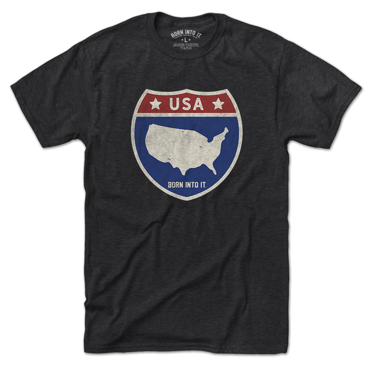 Born Into It USA Interstate Sign T-Shirt featuring a road sign graphic on a casual cotton tee.
