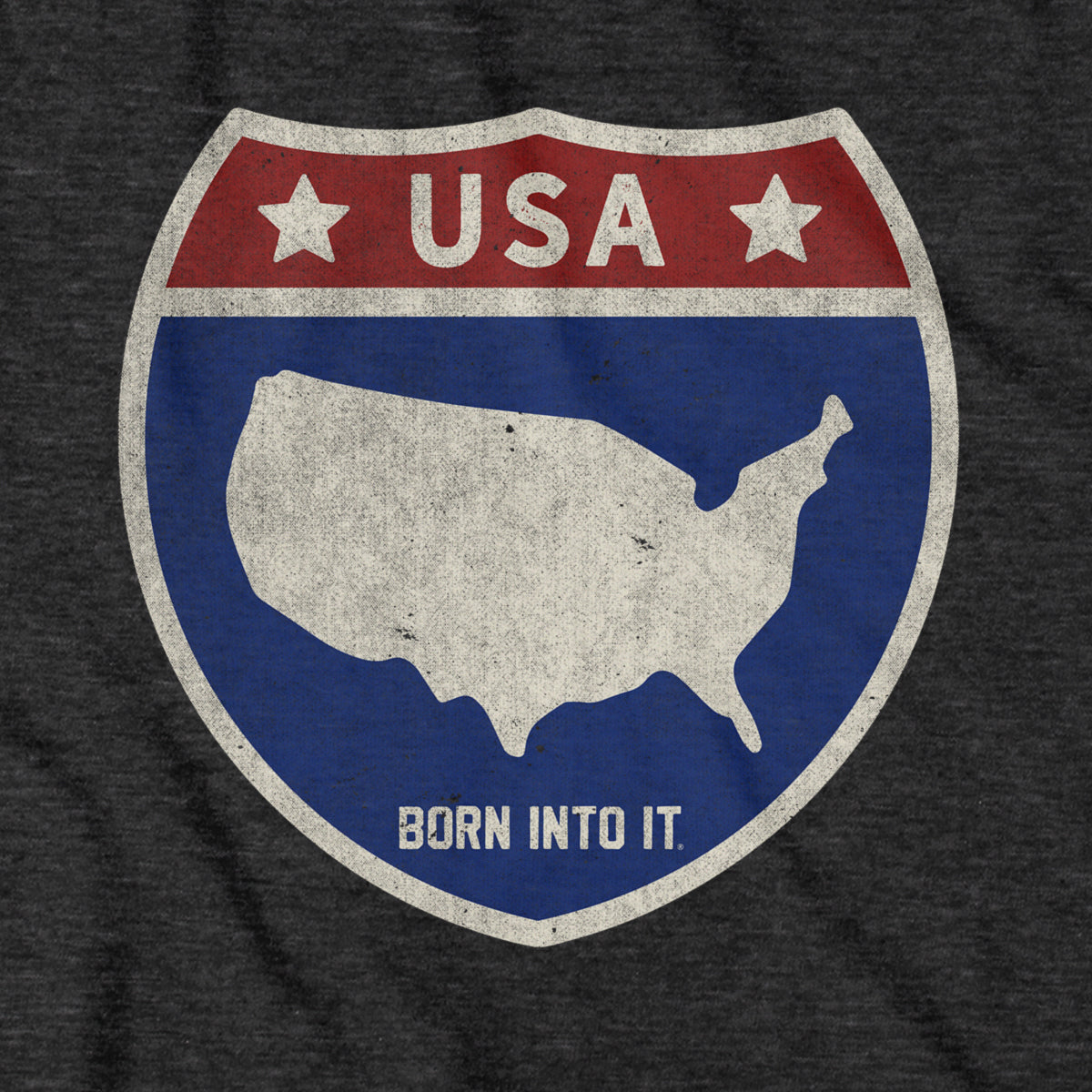 Born Into It USA Interstate Sign T-Shirt featuring a highway sign design on a casual cotton tee.