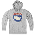 Born Into It USA Interstate Sign hoodie sweatshirt in gray, featuring a highway sign graphic on the front.