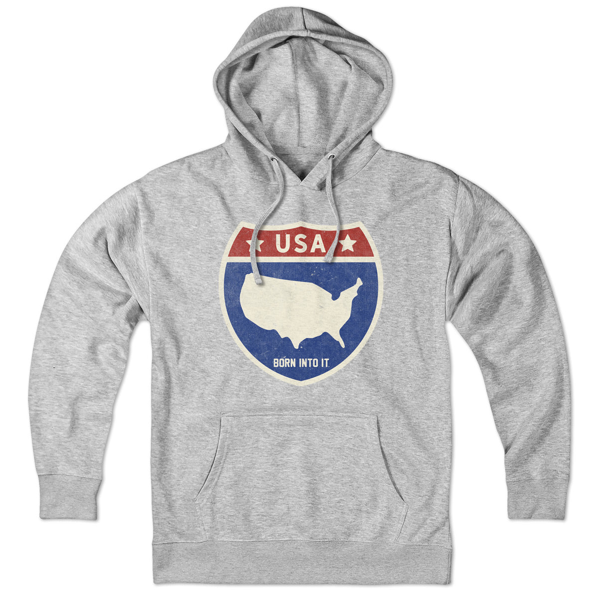 Born Into It USA Interstate Sign hoodie sweatshirt in gray, featuring a highway sign graphic on the front.