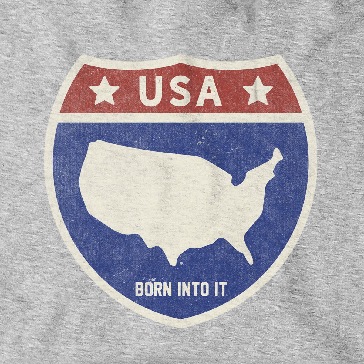 Born Into It USA Interstate Sign hoodie sweatshirt in gray, featuring a detailed interstate road sign design.