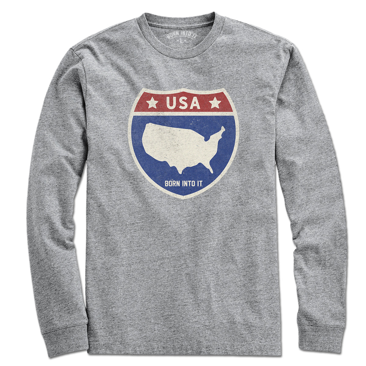 Gray Born Into It USA Interstate Sign T-Shirt featuring a highway sign graphic and casual fit, perfect for patriotic style.
