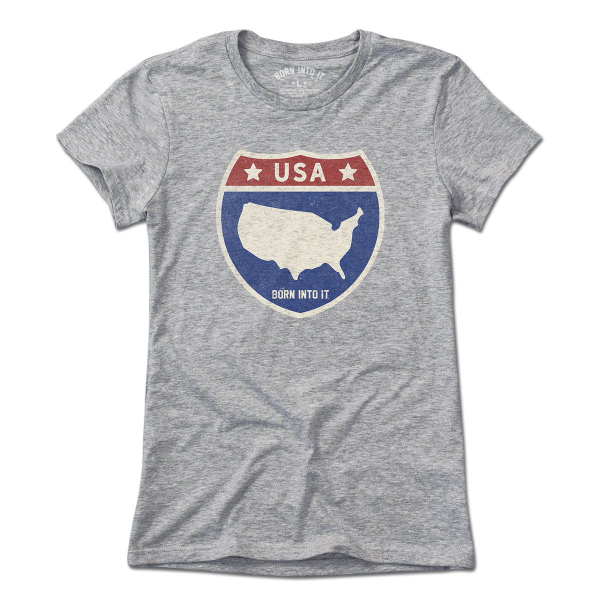Born Into It USA Interstate Sign T-Shirt, light gray, cotton, featuring a highway sign graphic on the front.