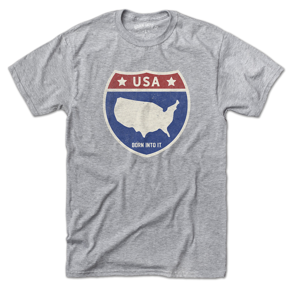 Born Into It USA Interstate Sign T-Shirt in gray, featuring a detailed interstate highway graphic on the front.