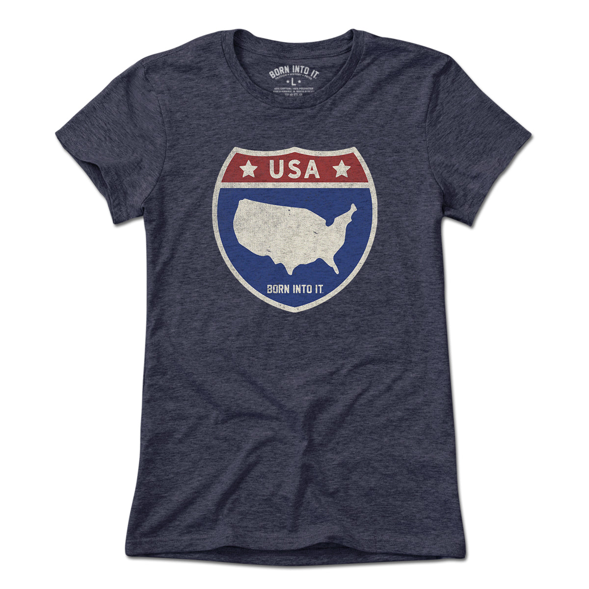 Born Into It USA Interstate Sign T-Shirt showing a vintage interstate highway design on a light-colored cotton t-shirt.