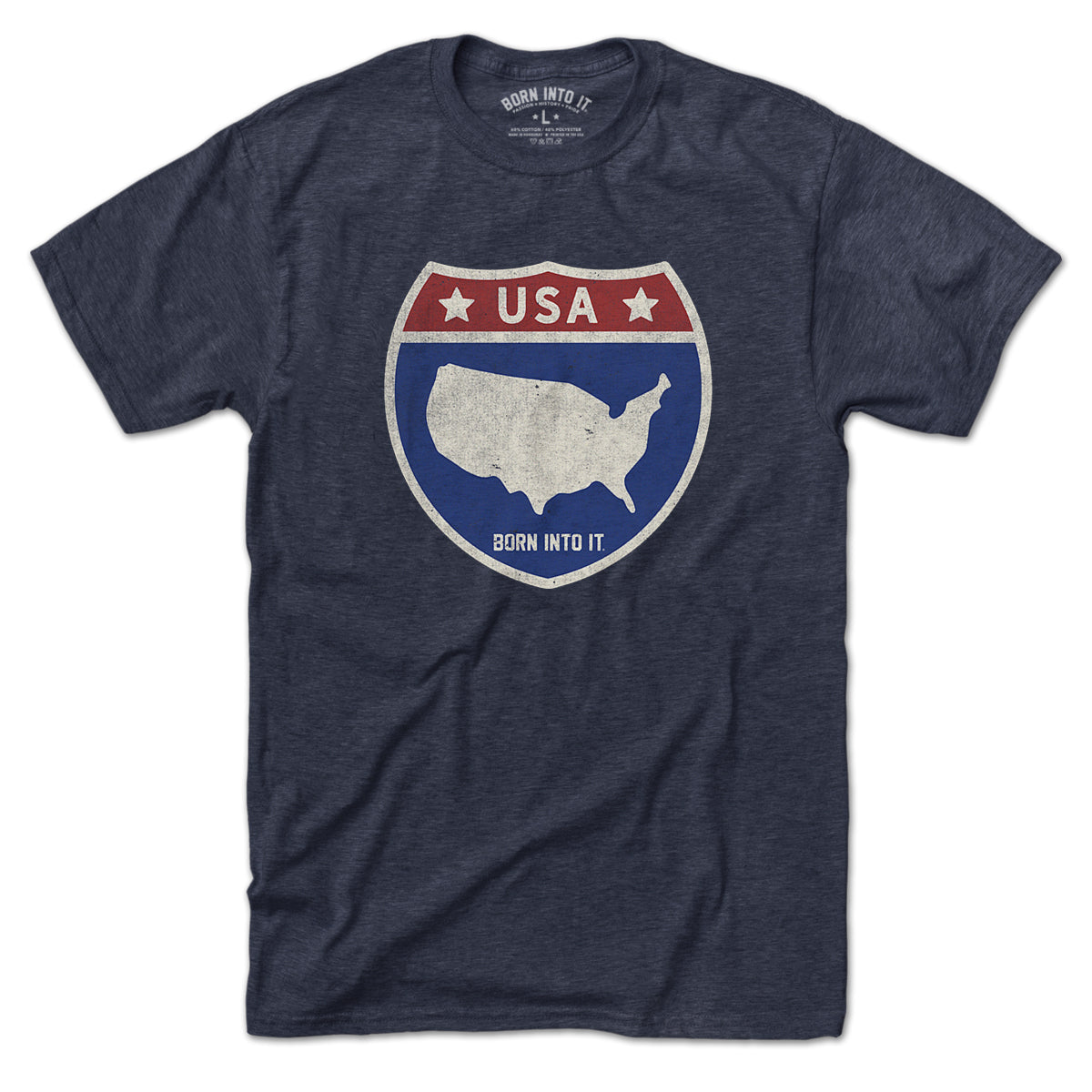 Born Into It USA Interstate Sign T-Shirt featuring a highway sign design on a casual T-shirt.