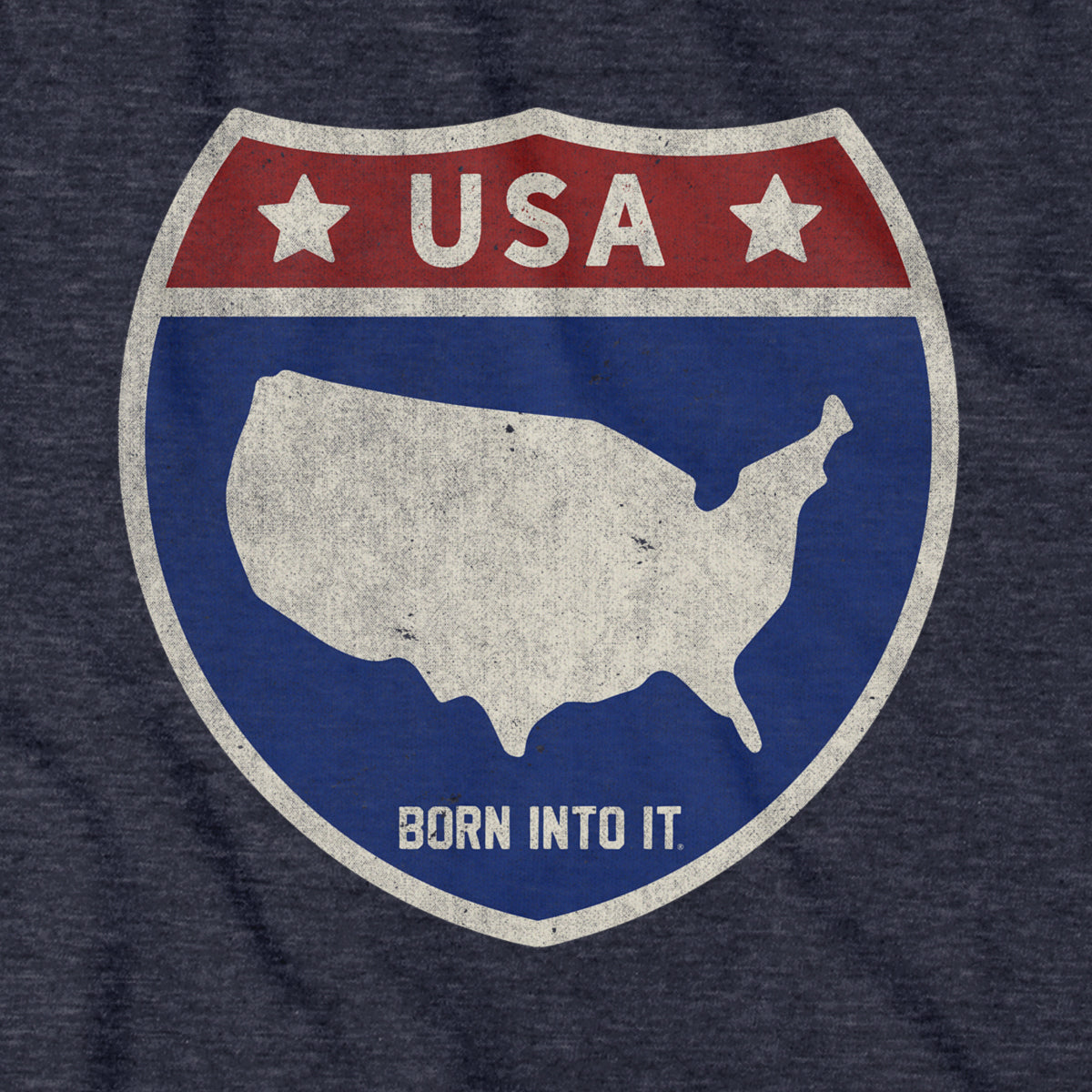 Born Into It USA Interstate Sign T-Shirt featuring a highway sign design on a comfortable cotton T-shirt.
