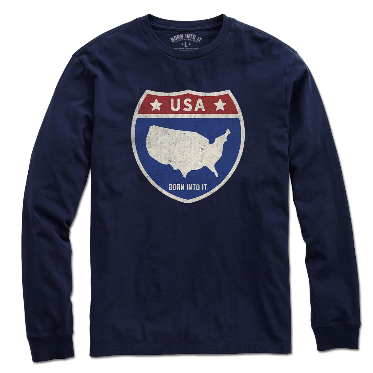 Born Into It USA Interstate Sign T-Shirt featuring a New York interstate route design on a casual T-shirt.