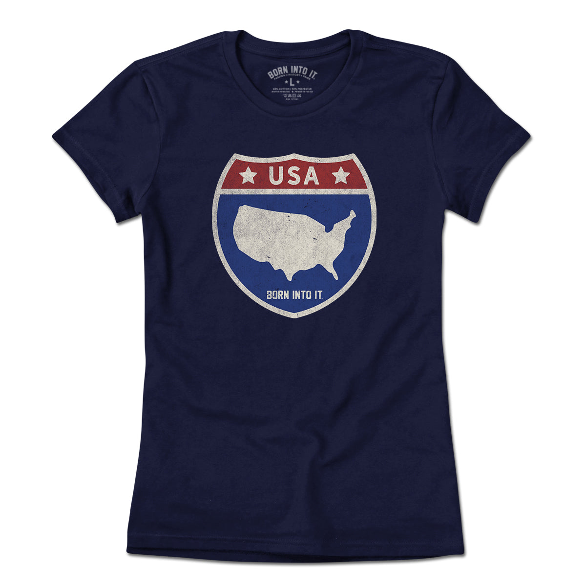 Born Into It USA Interstate Sign T-Shirt featuring a New York interstate highway design on a light-colored fabric.