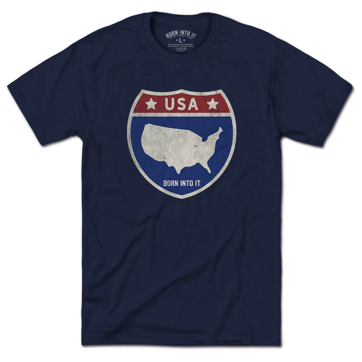 Born Into It USA Interstate Sign T-Shirt featuring a colorful map design of New York and Utah on a casual T-shirt.