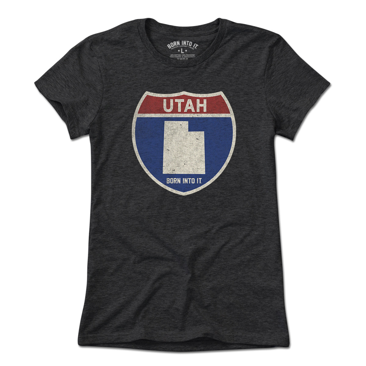 Light blue Utah Interstate Sign T-Shirt by Born Into It featuring a printed interstate sign graphic on the front.