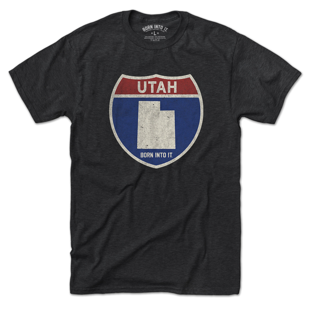 Born Into It Utah Interstate Sign T-Shirt featuring a graphic of a highway interstate sign on a flat design.