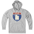 Born Into It Utah Interstate Sign Hoodie sweatshirt in gray with highway sign graphic, casual and comfortable streetwear style.