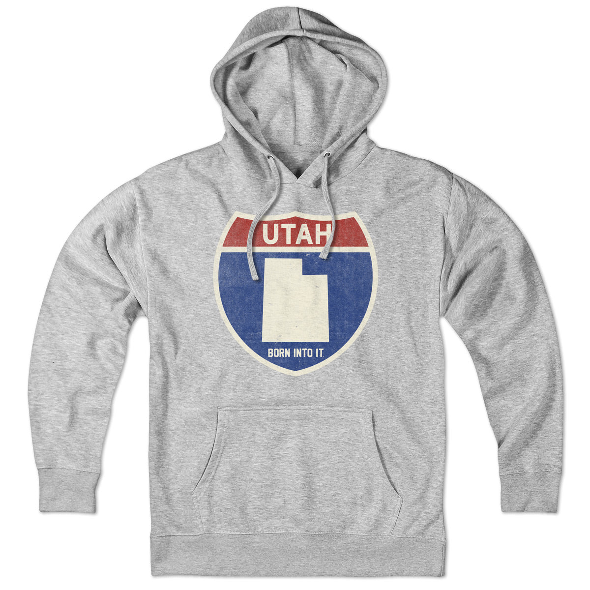 Born Into It Utah Interstate Sign Hoodie sweatshirt in gray with highway sign graphic, casual and comfortable streetwear style.