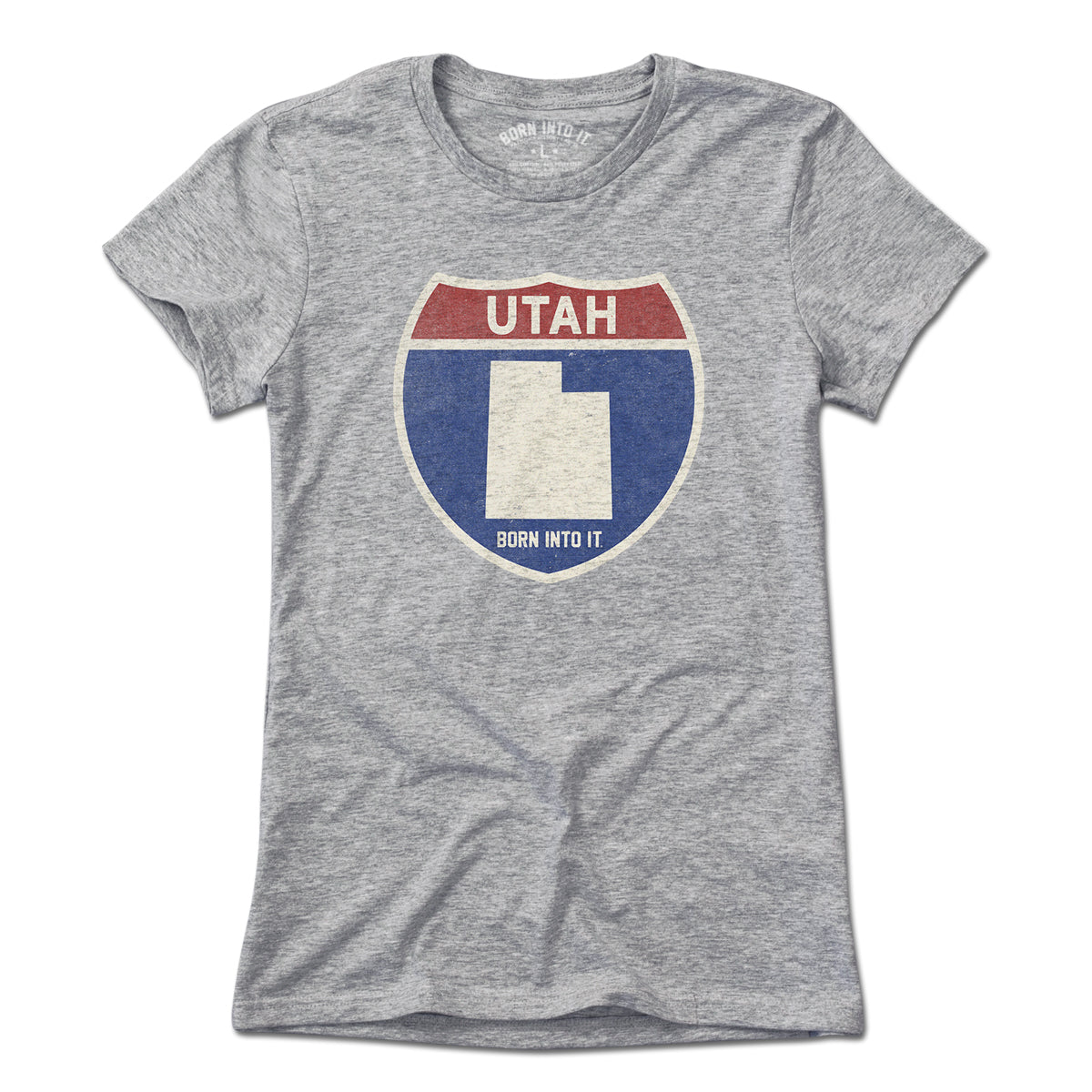 Born Into It Utah Interstate Sign T-Shirt, light gray, casual cotton tee with interstate highway graphic, front view.