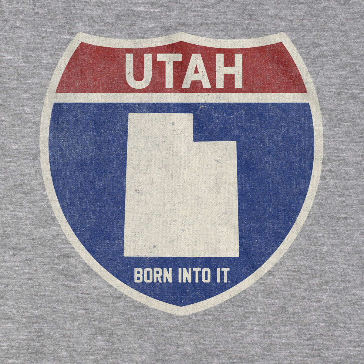 Born Into It Utah Interstate Sign T-Shirt in gray, featuring a detailed highway sign graphic on soft cotton fabric.