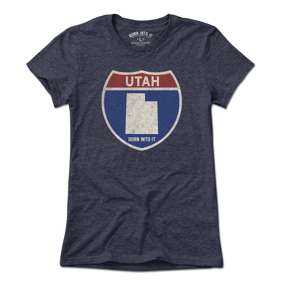 Born Into It Utah Interstate Sign T-Shirt featuring a highway sign graphic on a light-colored T-shirt.