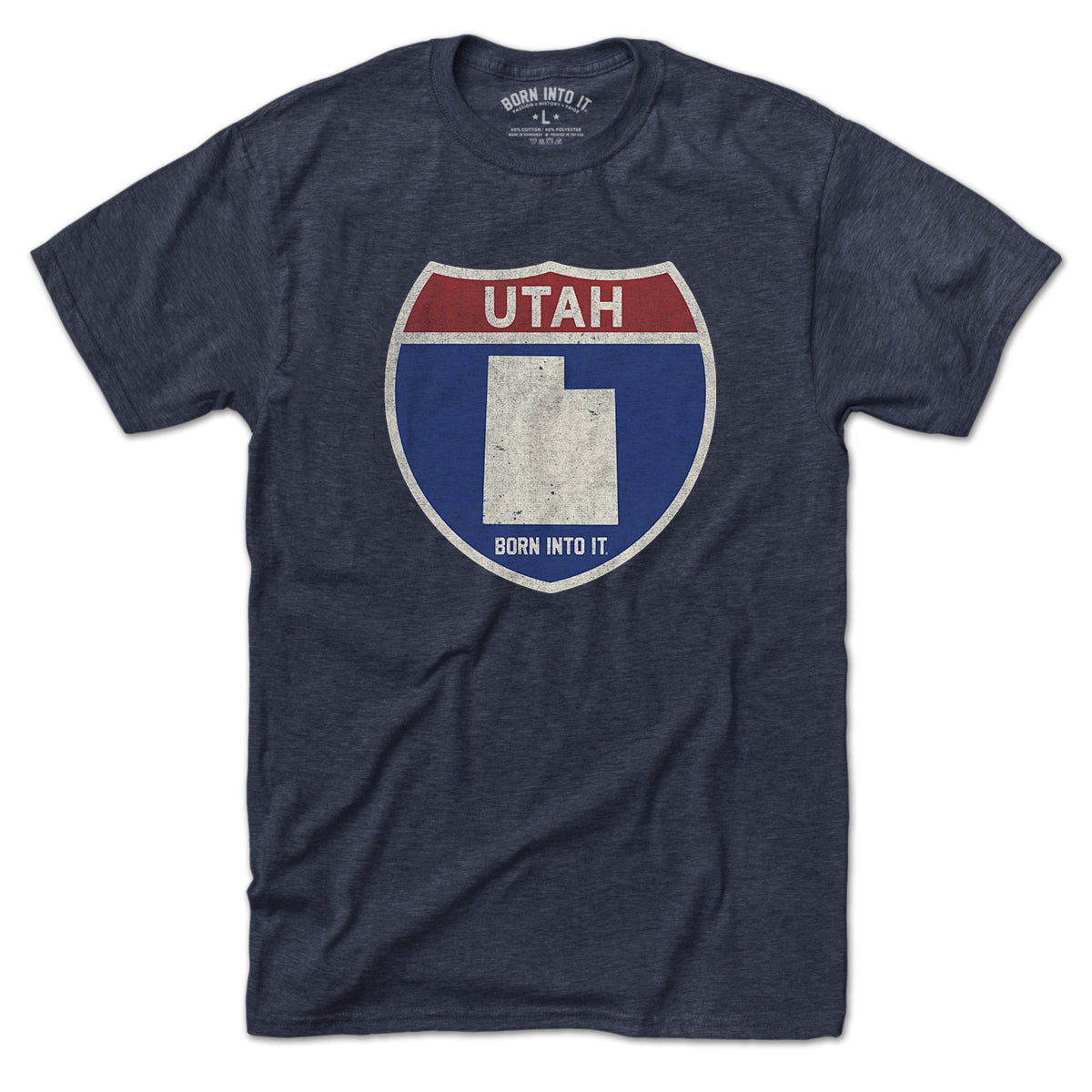 Born Into It Utah Interstate Sign T-Shirt showing a graphic of a highway sign with Utah state outline and interstate numbers.