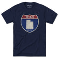 Born Into It Utah Interstate Sign T-Shirt featuring a flat view of the design with Utah highway signs on a white background.