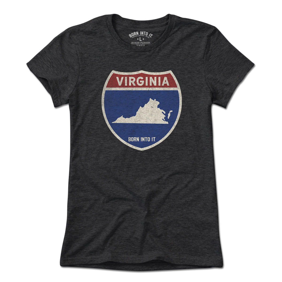 Born Into It Virginia Interstate Sign T-Shirt featuring a graphic of a highway interstate sign in a casual style.