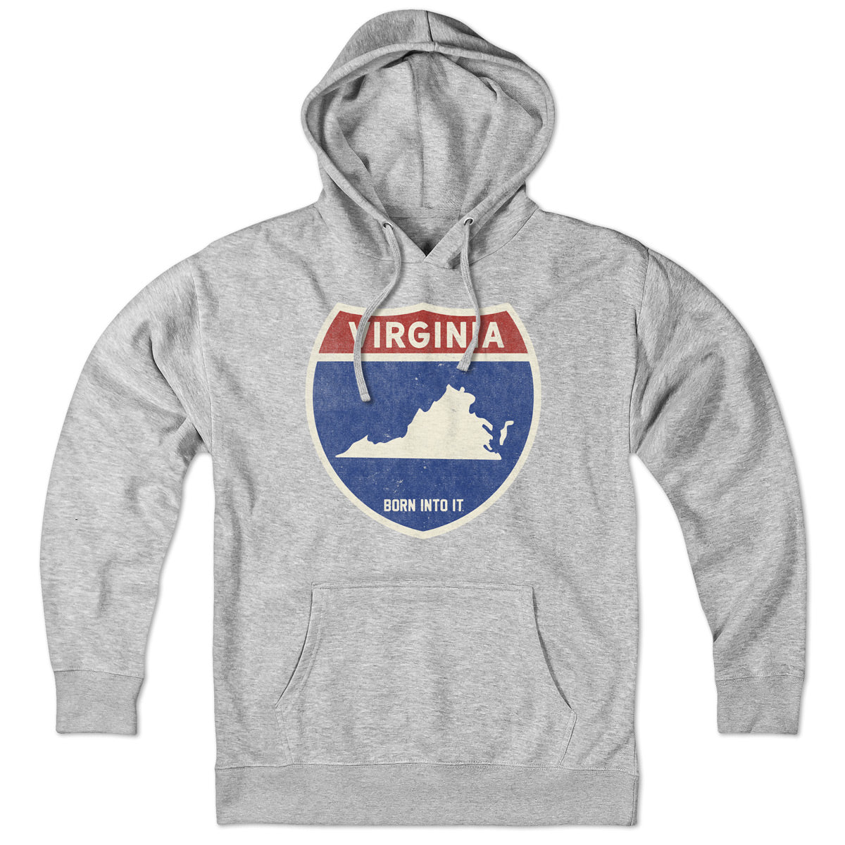 Born Into It Virginia Interstate Sign hoodie sweatshirt in gray with interstate graphic and branding detail.