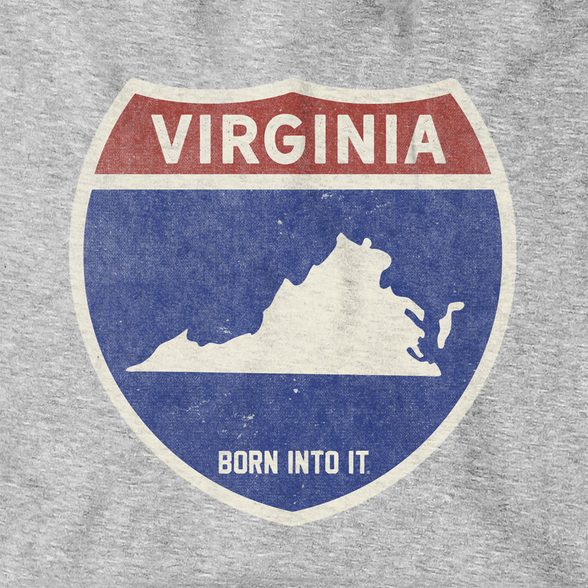 Born Into It Virginia Interstate Sign hoodie, gray sweatshirt with highway graphic, casual and comfortable unisex clothing.