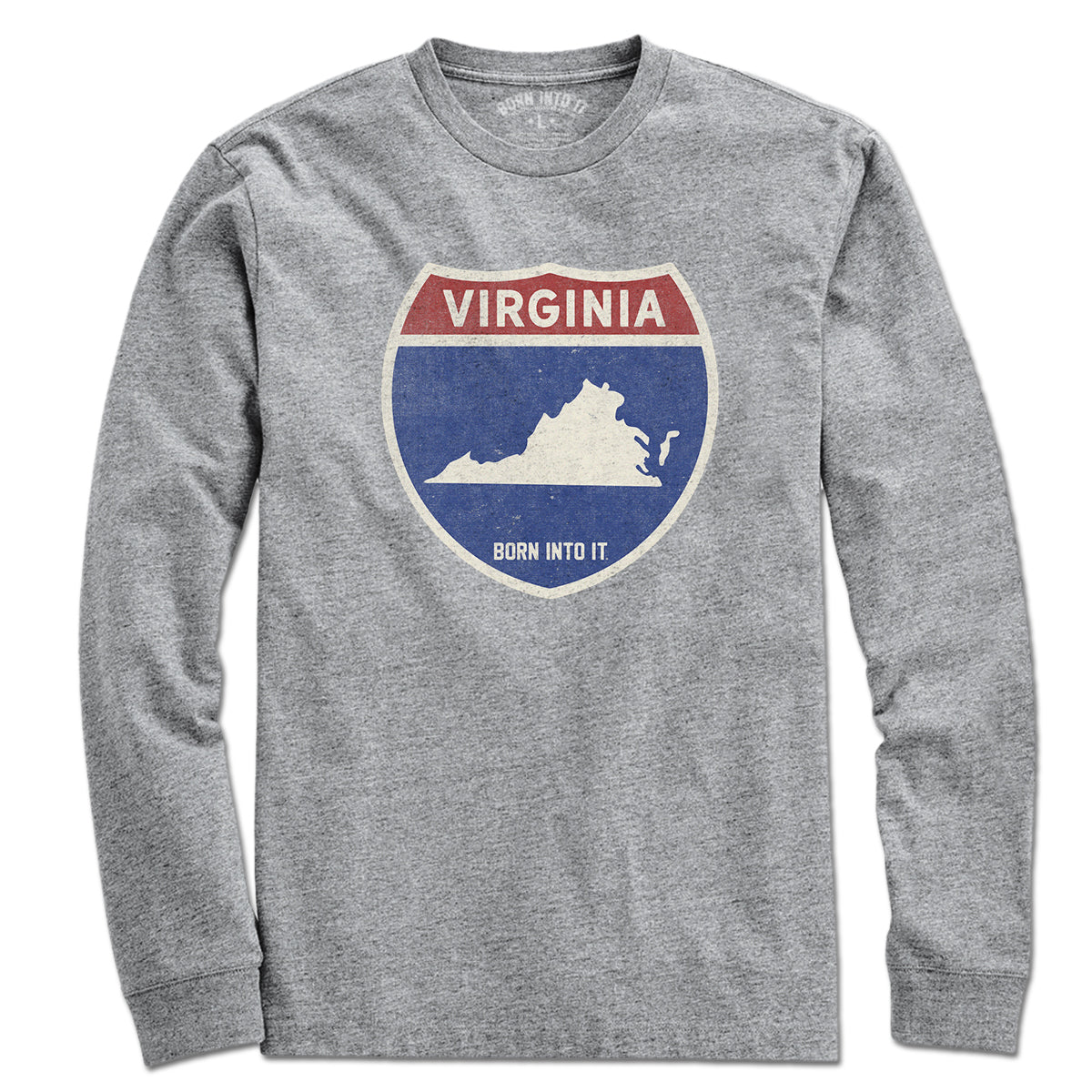 Born Into It Virginia Interstate Sign T-Shirt in gray, featuring a highway sign graphic on the front.