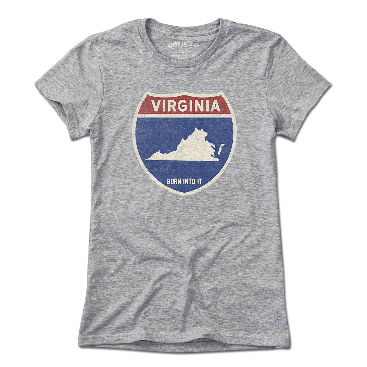 Born Into It Virginia Interstate Sign T-Shirt in light gray, featuring a detailed interstate highway graphic on the front.