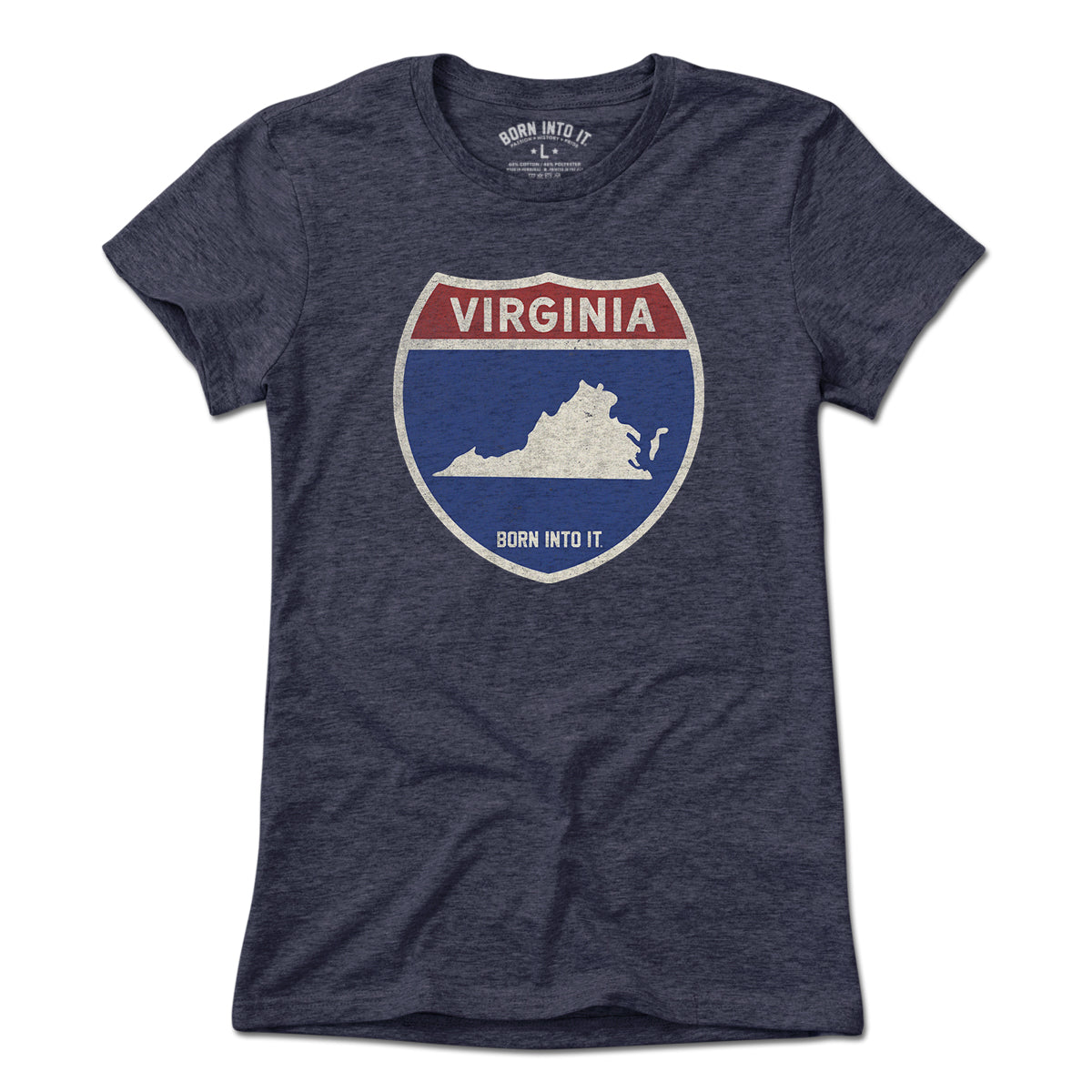 Born Into It Virginia Interstate Sign T-Shirt featuring a highway sign graphic on a light-colored fabric.