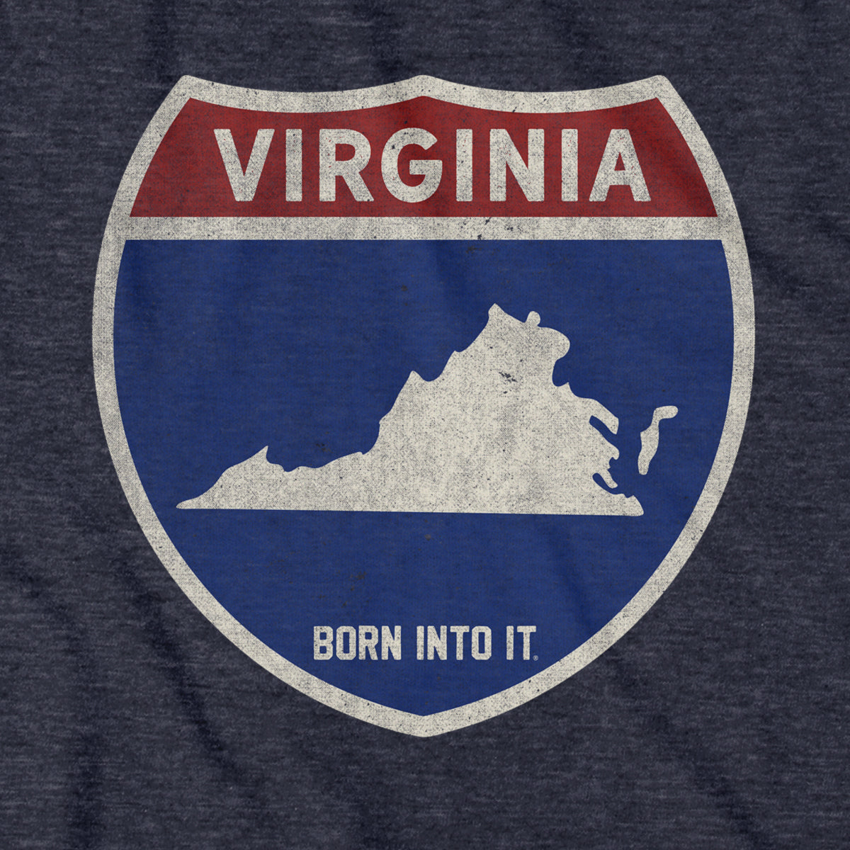Born Into It Virginia Interstate Sign T-Shirt displaying a highway sign graphic on a casual T-shirt.