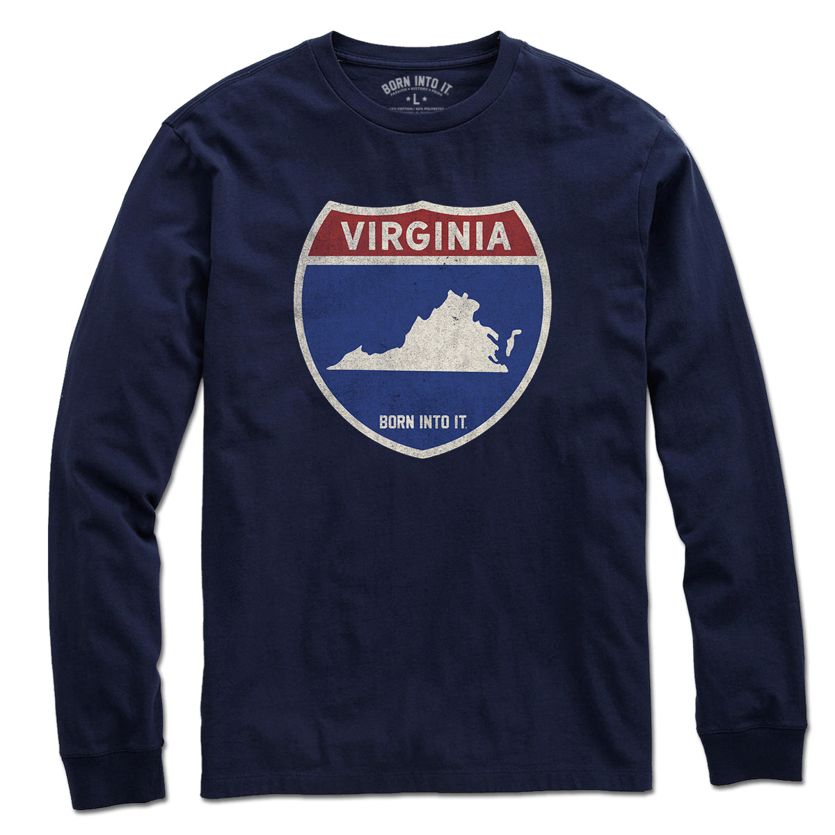 Born Into It Virginia Interstate Sign T-Shirt featuring a graphic of interstate highway signs on a casual tee.