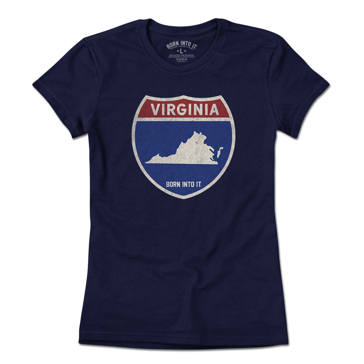 Born Into It Virginia Interstate Sign T-Shirt featuring a graphic of interstate highway signs on soft fabric.