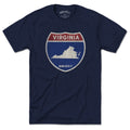 Born Into It Virginia Interstate Sign T-Shirt featuring colorful interstate route graphics on soft cotton fabric.